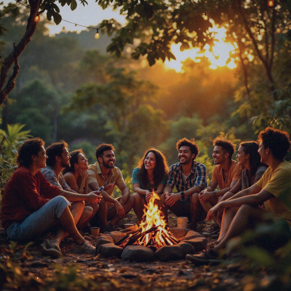 A journalist's photograph of a vibrant outdoor scene capturing the essence of "Sparks Camp." In the foreground, a diverse group of Filipino LGBTQ+ individuals in their 20s and 30s, wearing colorful casual attire, sit in a semi-circle around a gently burning campfire. Laughter and animated conversations are shared, reflecting a sense of community and inclusion. The background reveals a lush, tropical forest under the warm glow of a setting sun, casting a golden hue over the scene. The atmosphere is lively yet relaxed, with hanging string lights adding a festive touch. The camera angle is slightly elevated, offering a wide view of both the participants and the natural surroundings, with a shallow depth of field focusing on the group. There should be no text in the photo.