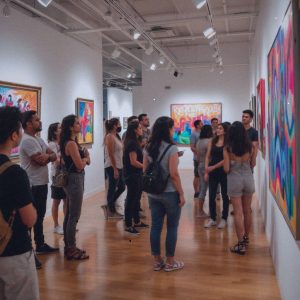A journalist's photograph of a dynamic art gallery setting showcasing the "Resilient Threads" exhibit by the Queer Pinoy Art Collective. The environment is brightly lit with warm, ambient lighting highlighting the vivid artworks on the walls. The gallery space is modern and airy, with white walls and polished wooden floors. In the foreground, a diverse group of Filipino visitors, comprising various ages and genders, are engaging with the art pieces, showing expressions of intrigue and appreciation. The camera is positioned at eye level, capturing a wide-angle view that encompasses multiple artworks and visitors, creating a sense of depth and activity. The photograph is taken from a medium distance, ensuring the colorful art pieces and the visitors' reactions are both in focus, evoking a lively and inclusive atmosphere. There should be no text in the photo.
