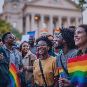 A journalist's photograph of a diverse group of people gathered in front of the Cuyahoga County Courthouse in Ohio. The group includes adults of various ethnicities, including Caucasian, African American, and Hispanic, all appearing joyful and supportive. They are dressed in casual, colorful clothing, some holding small flags or signs showing support for LGBTQ+ rights. The courthouse, a historical building with classic architecture, serves as the backdrop, illuminated by the soft, late morning sunlight filtering through a clear sky. The mood is celebratory and hopeful, capturing a sense of community and unity. The camera angle is slightly elevated, capturing both the crowd and the courthouse in the background, with a moderate depth of field to keep both the people and the building in focus. There should be no text in the photo.