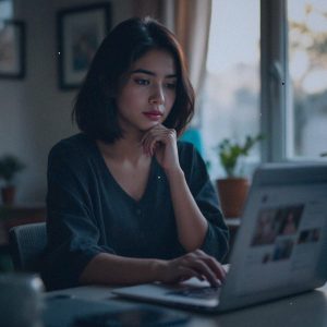 A journalist's photograph of a contemplative young Filipino woman, around 25 years old, with short, dark hair and a thoughtful expression. She is sitting at a desk in a modestly lit room, with a laptop open in front of her. The time appears to be early evening, as soft, warm light filters through a window, casting gentle shadows. In the background, a few personal items like a framed photo and a small potted plant add a personal touch to the space. The camera is positioned at eye level, capturing the woman from a medium distance, framing her upper body and the laptop screen, which shows a blurred image of a social media platform. The depth of field is shallow, focusing on the woman while the background remains slightly out of focus, conveying a sense of introspection and awareness. There should be no text in the photo.