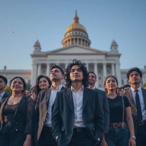 A journalist's photograph of a diverse group of Filipino LGBTQ+ advocates standing confidently in front of the Congress building in Manila. The individuals, a mix of ages and genders, are dressed in smart casual attire, exuding hope and determination. The late afternoon sun casts a warm glow over the scene, highlighting the historic architecture of the Congress building behind them. The sky is clear, contributing to the optimistic mood. The camera captures the group from a slight low angle, emphasizing their strength and unity. The focus is sharp on the group, while the background is slightly blurred to draw attention to their expressions. There should be no text in the photo.