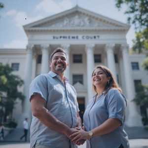 A journalist's photograph of a Filipino same-sex couple in their 30s, standing together in front of the Philippine Supreme Court building. The couple, one wearing a smart casual shirt and the other in a neat blouse, holds hands with expressions of joy and relief. It's a clear, sunny day with the sun casting soft shadows on the building's classical architecture. The environment is bustling with a few people in the background, capturing the significance of the moment. The camera is positioned at eye level, capturing the couple from a medium distance, with the Supreme Court building prominently framed behind them in the image, symbolizing the legal triumph. Ensure there is no text in the photo.