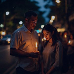 A journalist's photograph of a dimly lit urban street in Manila during the early evening. The image captures the somber mood with soft, ambient street lights casting long shadows. In the foreground, a middle-aged Filipino man wearing a simple shirt and jeans stands with a solemn expression, holding a lit candle. Beside him, a young Filipino woman in casual attire bows her head in reflection, her face partially illuminated by the candlelight. A small group of people, all Filipino, stand slightly blurred in the background, also holding candles, creating a sense of unity and support. The framing is tight, focusing on the man and woman, with a shallow depth of field to emphasize their presence while gently blurring the surroundings. The atmosphere is respectful and contemplative, evoking a call for awareness and action. There is no text in the photo.
