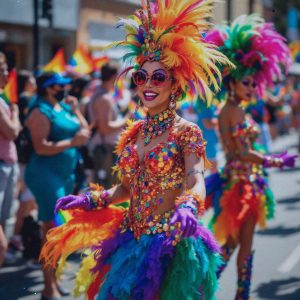 A journalist's photograph of a vibrant street scene featuring Filipino drag queens in colorful, flamboyant costumes. The queens are mid-performance, exuding confidence and joy, each wearing intricately designed outfits with sequins and feathers. The setting is a lively outdoor event, possibly a Pride parade, under the bright afternoon sun. The atmosphere is festive, with a crowd in the background, waving rainbow flags and cheering. The lighting enhances the vivid colors of the costumes, casting dynamic shadows on the pavement. The camera angle is slightly low, capturing the queens from a waist-up perspective, emphasizing their powerful presence. The depth of field is moderate, keeping the queens in sharp focus while softly blurring the enthusiastic crowd behind them. There should be no text in the photo.