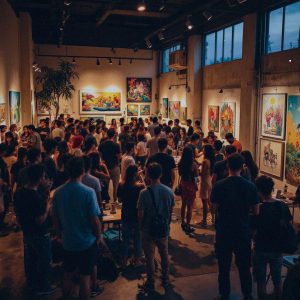 A journalist's photograph of a vibrant art gallery in Co-Create Studios, Pasig, bustling with diverse attendees. The scene captures Filipino artists and art enthusiasts of varying ages and builds, engaged in lively discussions and admiring colorful, contemporary artworks on display. The space is illuminated by warm, ambient lighting, highlighting the vivid hues and intricate details of the paintings and sculptures. It is an early evening setting, with large windows allowing the soft glow of the setting sun to filter in, casting gentle shadows. The camera captures a wide-angle view of the gallery from a slightly elevated position, focusing on a group of people in the foreground, with the art pieces and other attendees slightly blurred in the background, creating a sense of depth. Ensure there is no text in the photo.