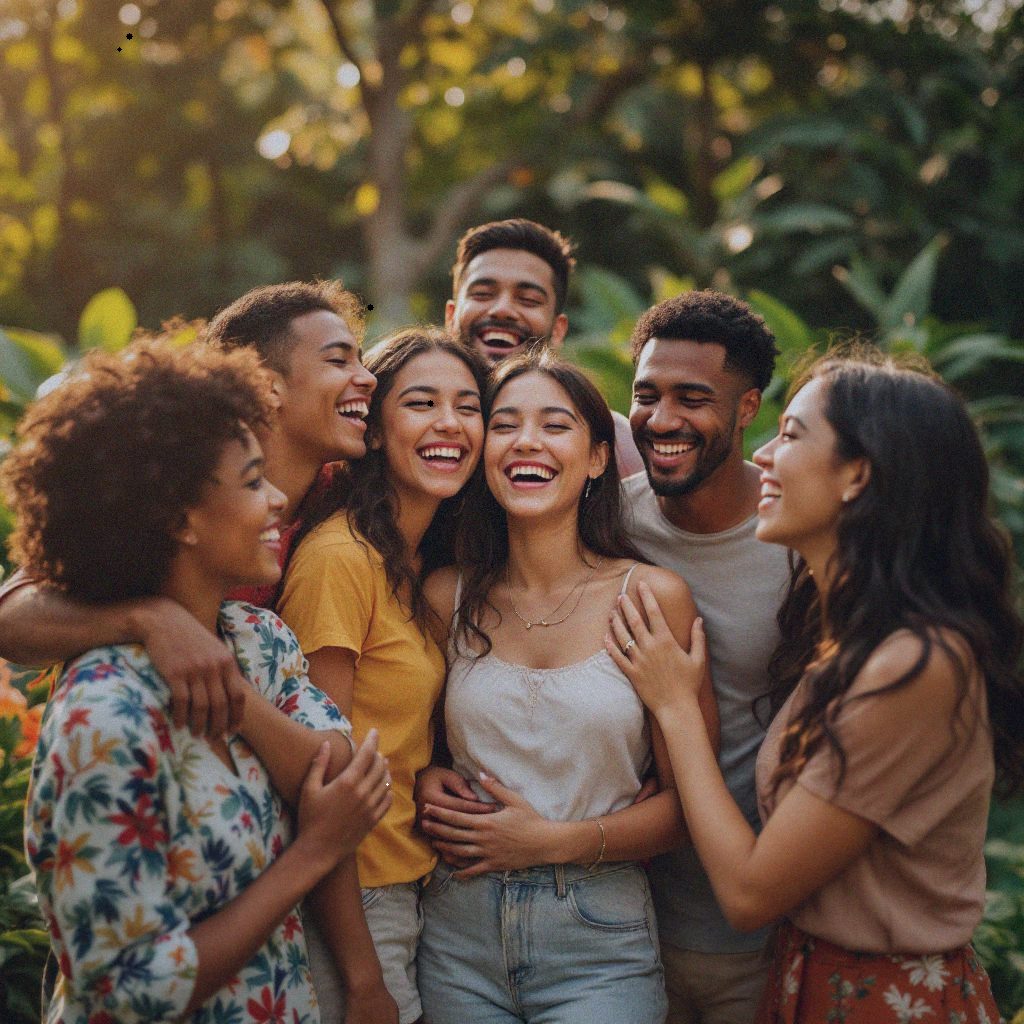 A journalist's photograph of a diverse group of Filipino friends celebrating outdoors captures the essence of self-love and community. They are gathered in a lush, green park with vibrant tropical plants in the background. The lighting is warm and inviting, suggesting late afternoon as golden sunlight filters through the trees, casting gentle shadows. The friends, all in casual, colorful attire, are laughing and embracing, exuding joy and acceptance. The camera is positioned at eye level, offering a candid yet intimate view, with the subjects centered and slightly off-focus in a wide shot to include the lively environment. The depth of field is moderate, keeping both the people and the background elements in focus, enhancing the sense of togetherness and shared happiness. There should be no text in the photo.