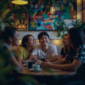 A journalist's photograph of a diverse group of Filipino activists gathered in an intimate, cozy café setting. The participants, a mix of different ages and gender expressions, are engaged in lively discussion, their expressions animated and passionate. The café is warmly lit, with soft yellow lights creating a welcoming atmosphere. The walls are adorned with colorful art that reflects the diversity and vibrancy of the LGBTQ+ community. In the foreground, a couple of individuals are captured mid-conversation, gesturing expressively. The depth of field is shallow, focusing on the central figures while the background remains softly blurred, enhancing the sense of a bustling, inclusive dialogue. The image has a candid, reportage style, capturing the essence of community and activism. There should be no text in the photo.
