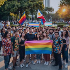 A journalist's photograph of a diverse group of Filipino individuals gathered in a lively urban park in Quezon City. The group, composed of both young and middle-aged people of varied gender expressions, radiates joy and solidarity. Some hold colorful flags representing the transgender community, while others have vibrant attire with bold patterns. The park is bathed in the warm glow of the late afternoon sun, casting long shadows and creating a welcoming atmosphere. In the background, modern cityscape elements blend with lush greenery, emphasizing the blend of progress and nature. The camera captures the scene from a slight elevation, providing a wide angle that includes the group prominently in the foreground, ensuring a sense of unity and celebration. The depth of field keeps the people in sharp focus while gently blurring the background, highlighting them as the centerpiece. No text is present in the photo.