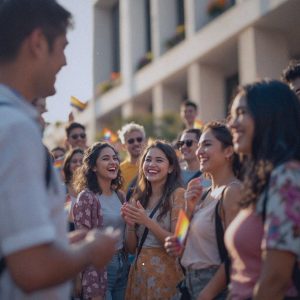 A journalist's photograph of a diverse group of Filipino individuals gathered outside the Quezon City Hall. The group includes people of varying ages and gender expressions, all wearing casual, colorful attire, some holding small pride flags. The mood is celebratory and hopeful, as they engage in conversation and show visible expressions of joy and solidarity. The setting is bathed in warm afternoon sunlight, casting soft shadows and highlighting the vibrant atmosphere. Quezon City Hall's modern architecture is visible in the background, providing context and significance to the location. The camera angle is slightly elevated, capturing the group from a medium distance, allowing for a clear view of both the participants and the iconic building, with a shallow depth of field to keep the focus on the foreground. There should be no text in the photo.