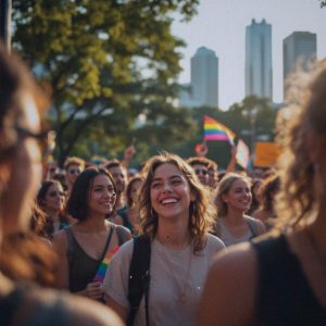 A journalist's photograph of a diverse group of Filipino LGBT+ activists gathered in a lively urban park in Manila. The group, consisting of people in their 20s to 40s, is engaged in a peaceful rally, holding colorful placards and pride flags. They are smiling and animated, exuding a sense of hope and determination. The park is bustling with activity under the warm, golden light of late afternoon, casting long shadows. In the background, modern city buildings rise against the clear sky, and a few trees provide shade. The camera captures the scene from a low angle, focusing on the faces of the activists in the foreground, with a shallow depth of field that blurs the distant cityscape. Ensure there is no text in the photo.