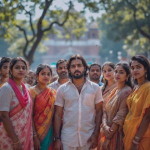 A journalist's photograph of a diverse group of Indian trans activists, aged 20 to 40, standing together with determined expressions. They are dressed in colorful, traditional Indian attire, showcasing a mix of saris and kurta-pajamas. The setting is a busy urban street in New Delhi during the day, with sunlight filtering through the trees, casting dappled shadows on the ground. In the background, a historic government building is partially visible, suggesting a location of significance. The camera angle is slightly low and close, capturing the activists from the waist up to emphasize their expressions and gestures. The image has a shallow depth of field, keeping the focus on the activists while softly blurring the background, ensuring the environment is recognizable but not distracting. There should be no text in the photo.