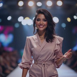 A journalist's photograph of Veejay Floresca, a Filipino fashion icon, standing confidently on a runway. Veejay, a transgender woman, is dressed in a stylish, contemporary designer outfit that exudes elegance and creativity. She has a proud and joyful expression, her dark hair styled immaculately. The environment is a vibrant fashion show setting, with spotlights casting a warm glow, highlighting her as the focal point. The audience is slightly blurred in the background, capturing the excitement and admiration in the air. The camera angle is eye-level, medium shot, framing Veejay centrally to emphasize her triumph and presence. The depth of field is shallow to keep the focus on her, with no text in the photo.