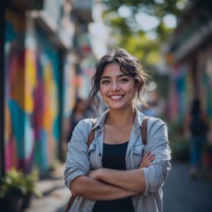 A journalist's photograph of a Filipino transgender woman in her early thirties with a confident expression. She stands proudly in a vibrant urban setting, surrounded by colorful street art that reflects diversity and hope. The lighting is soft and natural, suggesting late afternoon, casting a warm glow that enhances the scene's positive mood. Her attire is stylish and casual, conveying both comfort and confidence. The background is bustling yet slightly blurred, indicating a lively city environment without detracting from her presence. The image is captured at eye level, with a medium distance that allows for a clear view of her expression and demeanor. The depth of field subtly focuses on her, ensuring she remains the central subject of this empowering narrative. There should be no text in the photo.